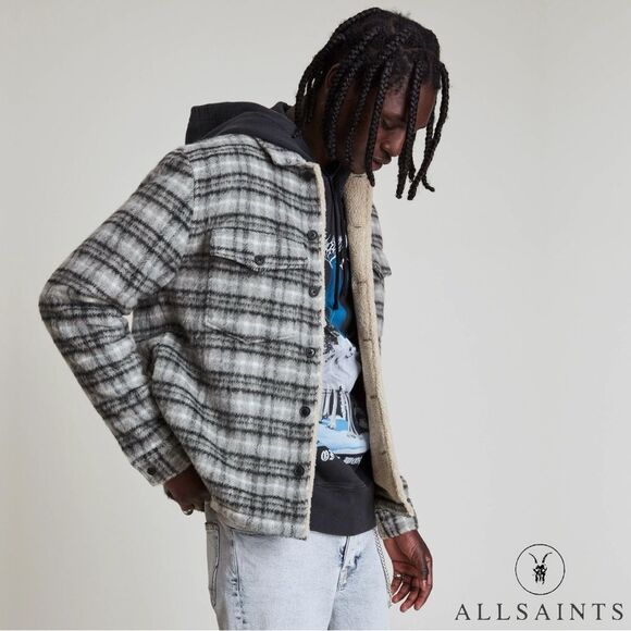All Saints **NWT** Anvik Sherpa-Lined Wool Blend Check Plaid Jacket Light Grey - Picture 6 of 14